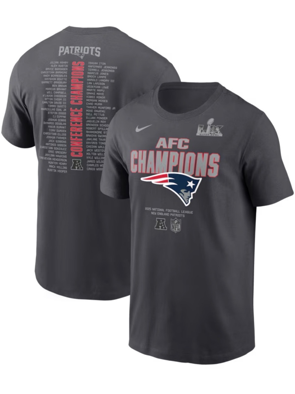 Nike Patriots Anthracite 2025 AFC Champions Roster Tee Grey Various Sizes NWT